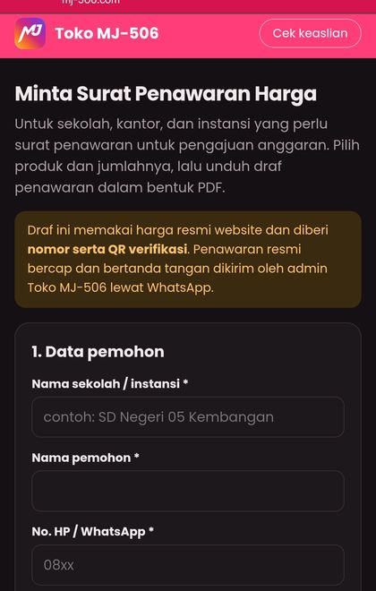 Form surat penawaran harga MJ-506 untuk sekolah dan instansi